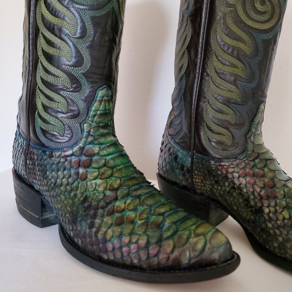 Tony Lama 8 1/2 painted blue green black western cowboy boots  python snake skin